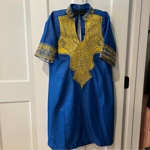 Blue and Gold African Embroidered Dress